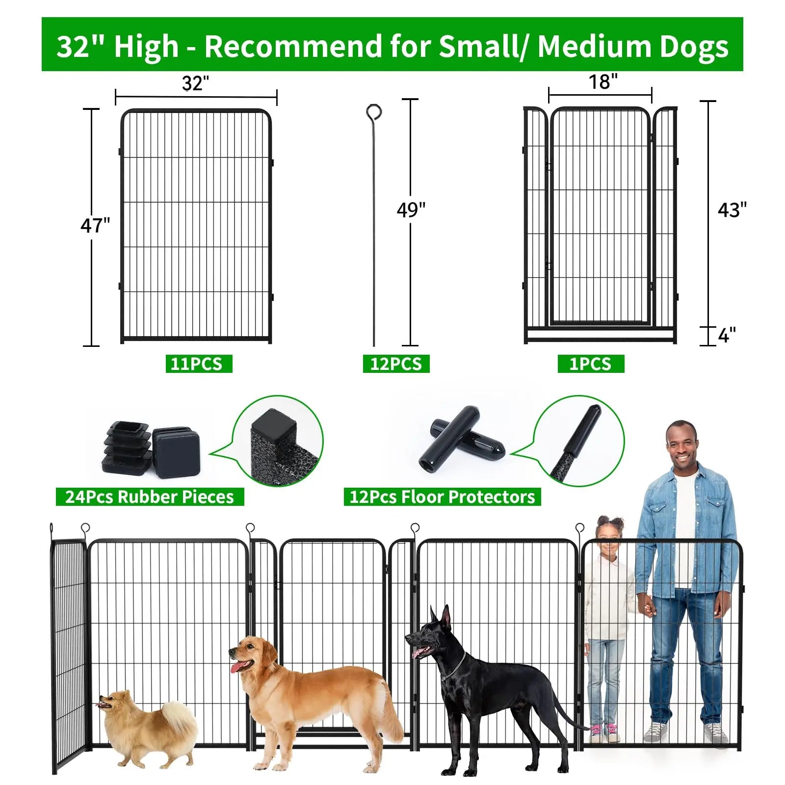 Dog Playpen Outdoor Extra Wide 12 Piece Panels Heavy Duty Anti-Rust Coating-Strengthened Dog Fence 40" Height with Doors Portable for RV Camping Yard, Total 32FT, 79 Sq.Ft, Snowy Black PS781