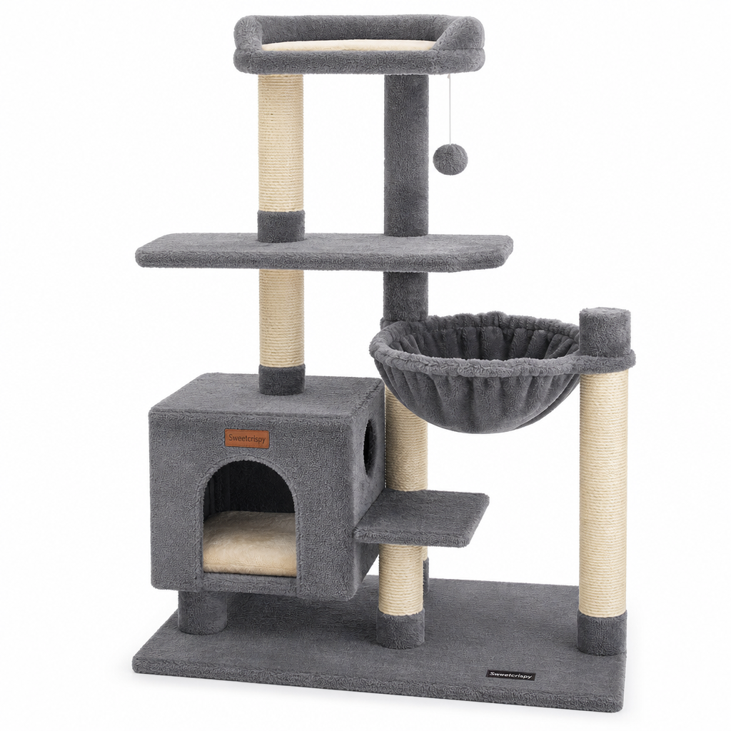 Sweetcrispy Cat Tree with Cat Condo and Big Hammock - 22.44"X13.78"X39.37"H, Faux Fur, Natural Sisal Posts, Hanging Ball, Removable Hammock