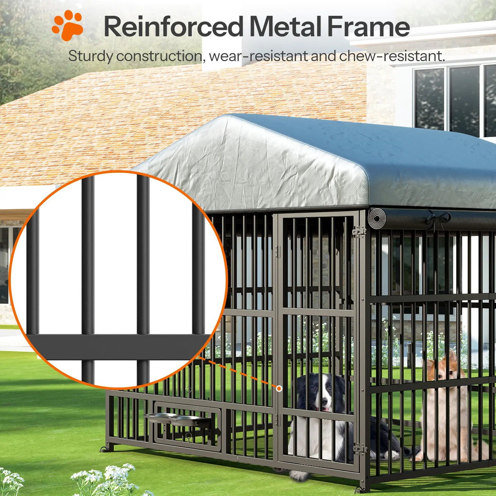 HOOBRO Outdoor Dog Kennel with Cover, 6.6 X 6.6 X 6.4 Ft Dog Kennel outside with Waterproof Roof and Rotating Feeding Bowls, Heavy-Duty Large Cage Enclosure, Dog Playpen Fence, Black