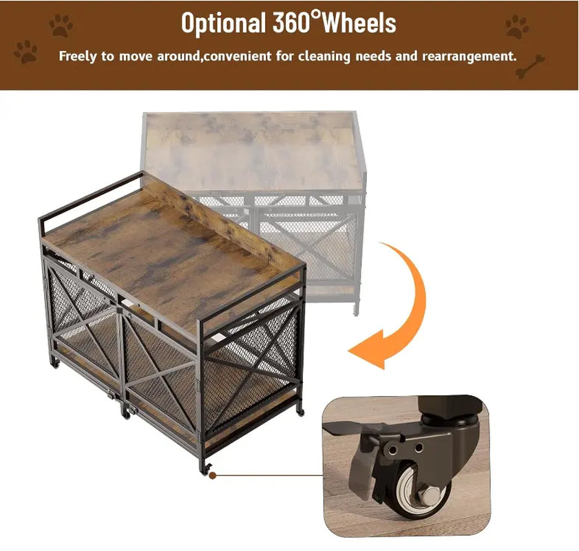 COZPAW Large Dog Crate Furniture, 48/52/71/78/86Inch Wooden Dog Kennel for Xlarge Dogs, Heavy Duty Dogs Furniture Indoor Wire Dog Cage with Caster Wheels, Decorative Pet House End Table, Brown