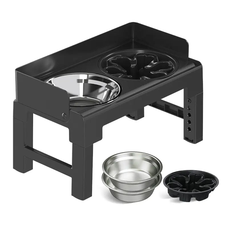 PAKEWAY Elevated Dog Bowls, Spill Proof, Tiltable Pet Feeder with 1 Slow Feeder Bowl &2 Stainless Steel Bowl, 6 Height Adjustable Raised Dog Bowls Stand for Medium Large Dogs