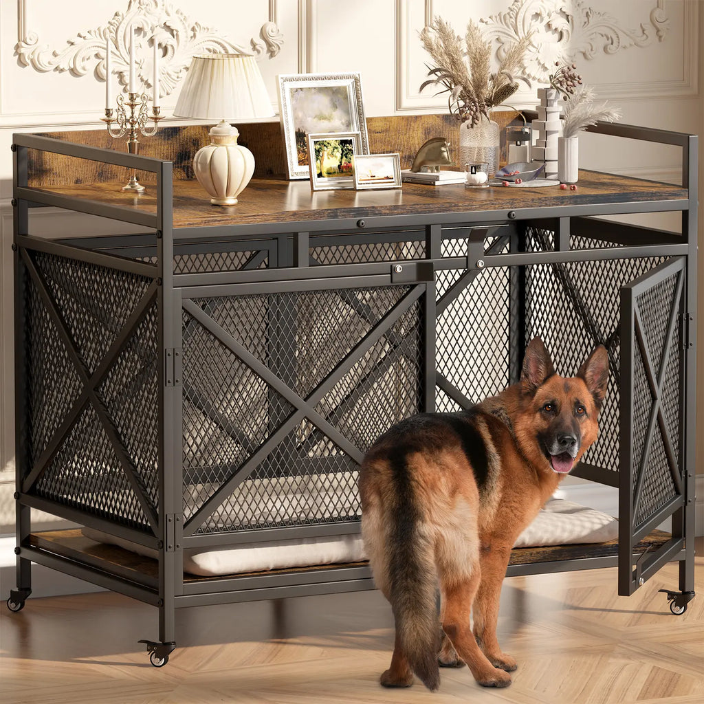 COZPAW Large Dog Crate Furniture, 48/52/71/78/86Inch Wooden Dog Kennel for Xlarge Dogs, Heavy Duty Dogs Furniture Indoor Wire Dog Cage with Caster Wheels, Decorative Pet House End Table, Brown