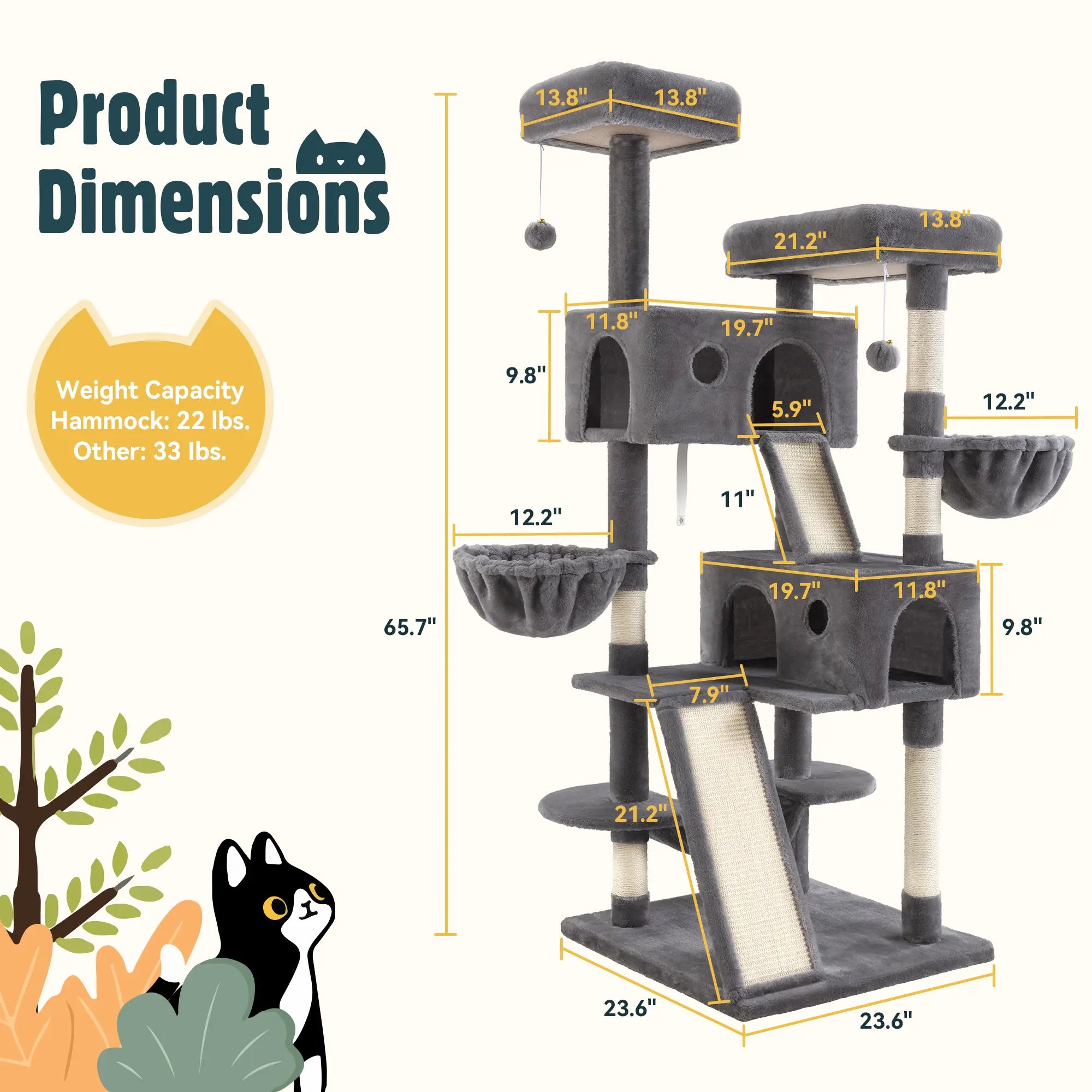 HOOMIC 65In Multi-Level Large Cat Tree Tower for Indoor Cats/Furniture Activity Center with Wide Base/Cozy Plush Cat Perches/Cat Condo with Baskets/Sisal Scratching Posts and Hammock #Tiktokshopfalldealsforyou