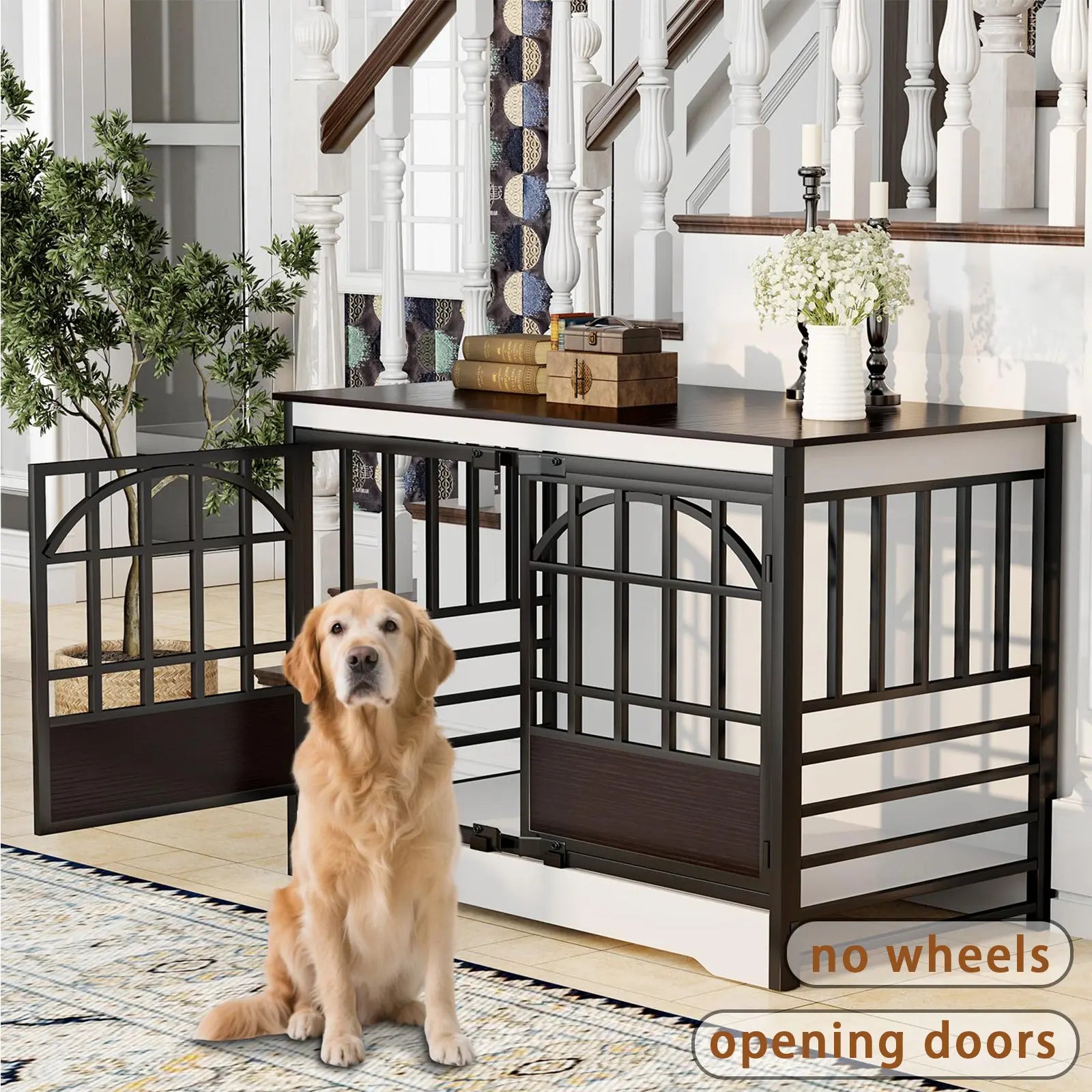 COZPAW Large Dog Crate Furniture, 48/52/71/78/86Inch Wooden Dog Kennel for Xlarge Dogs, Heavy Duty Dogs Furniture Indoor Wire Dog Cage with Caster Wheels, Decorative Pet House End Table, Brown
