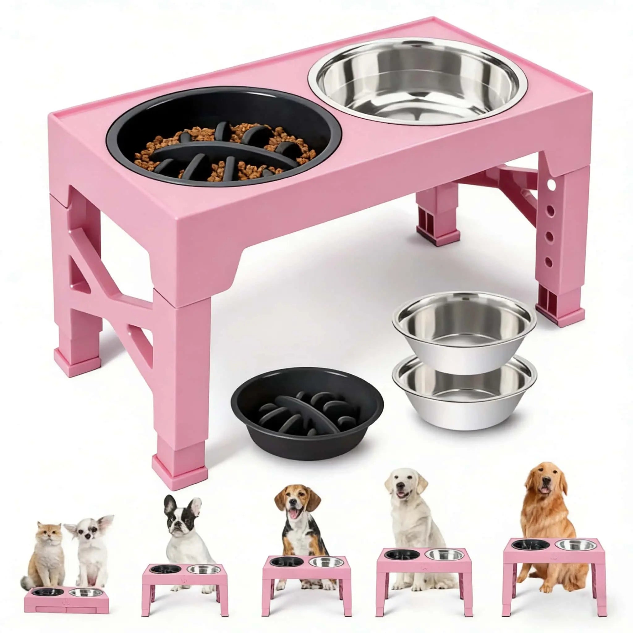 Elevated Dog Bowls, 5 Adjustable Heights Raised Dog Bowl Stand, with 2 Stainless Steel Dog Food Bowls and 1 Slow Feeder Dog Bowl, Adjusts to Height 3.2" to 12.2" for Small Medium Large Dogs Feeding