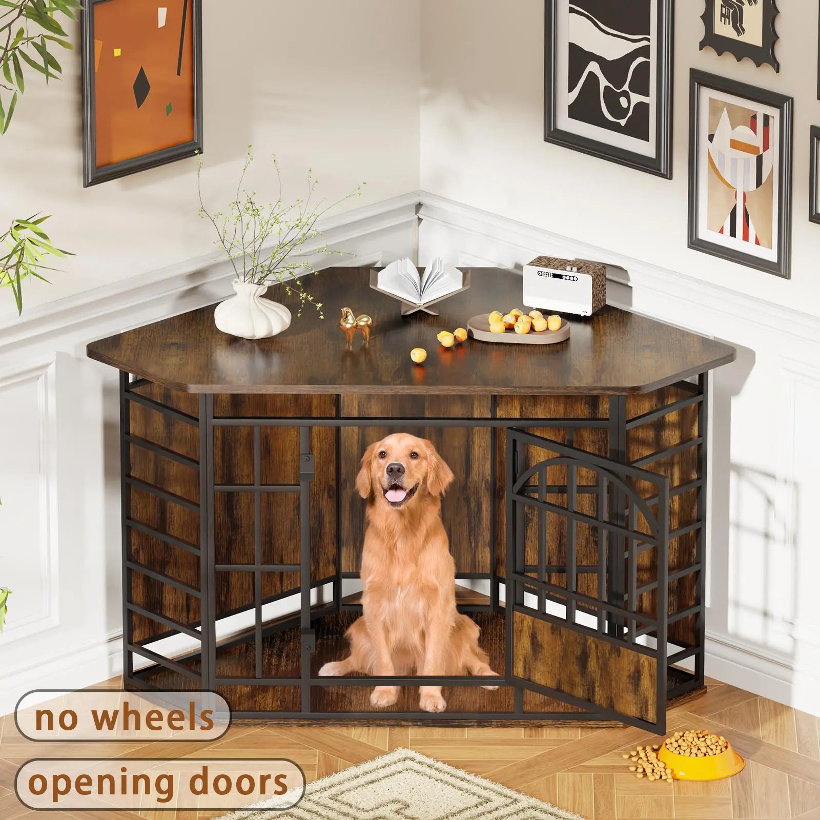 COZPAW Large Dog Crate Furniture, 48/52/71/78/86Inch Wooden Dog Kennel for Xlarge Dogs, Heavy Duty Dogs Furniture Indoor Wire Dog Cage with Caster Wheels, Decorative Pet House End Table, Brown
