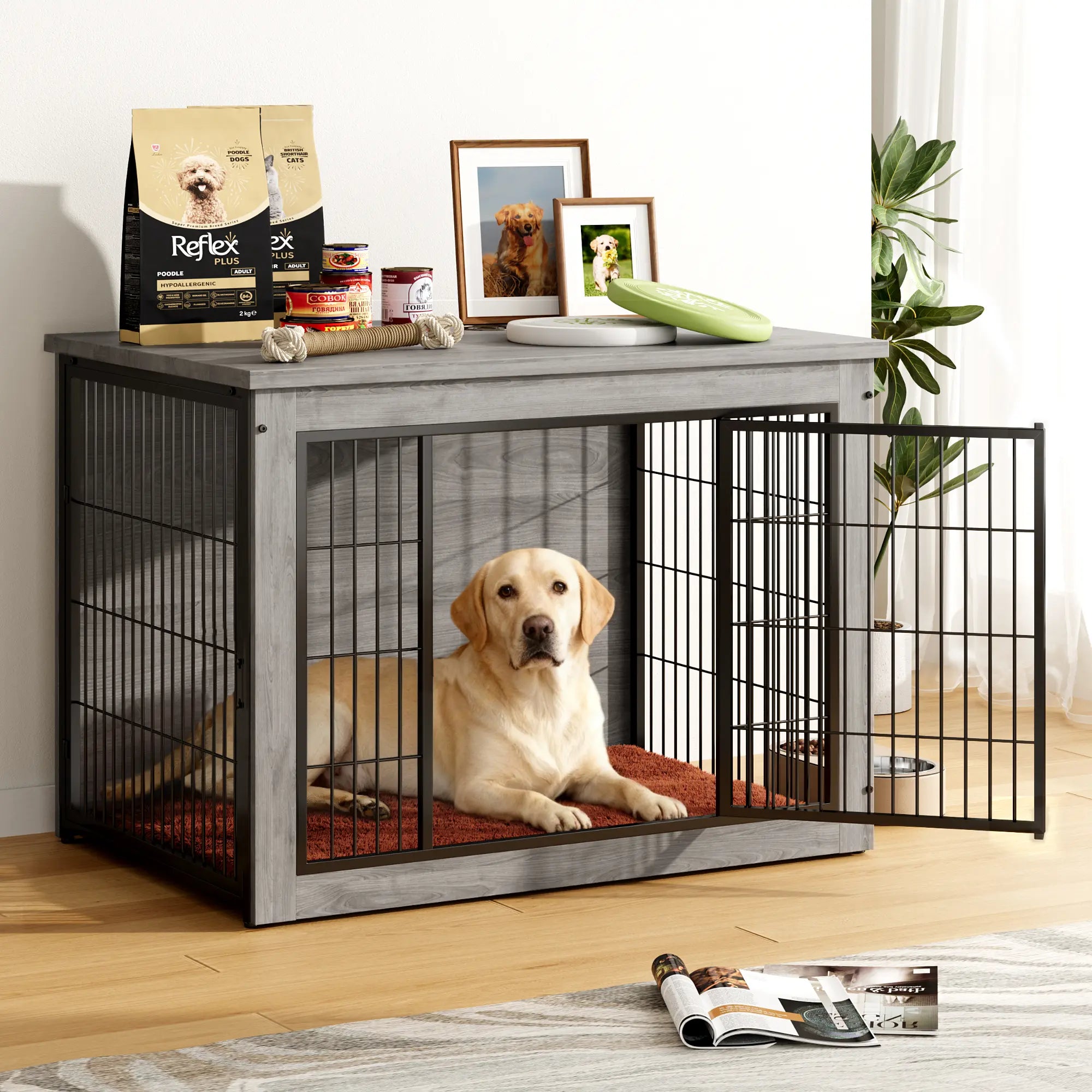 Warcat Dog Crate Furniture with Thick Cushion, Side End Table Wooden Dog Cage with Double Doors, Chew-Resistant Dog Kennel Dog House Indoor for Small to Large Dog #Aprilstockup#Tiktokshopstockup#Tiktokshopmothersday#Summervibes#Petlovers